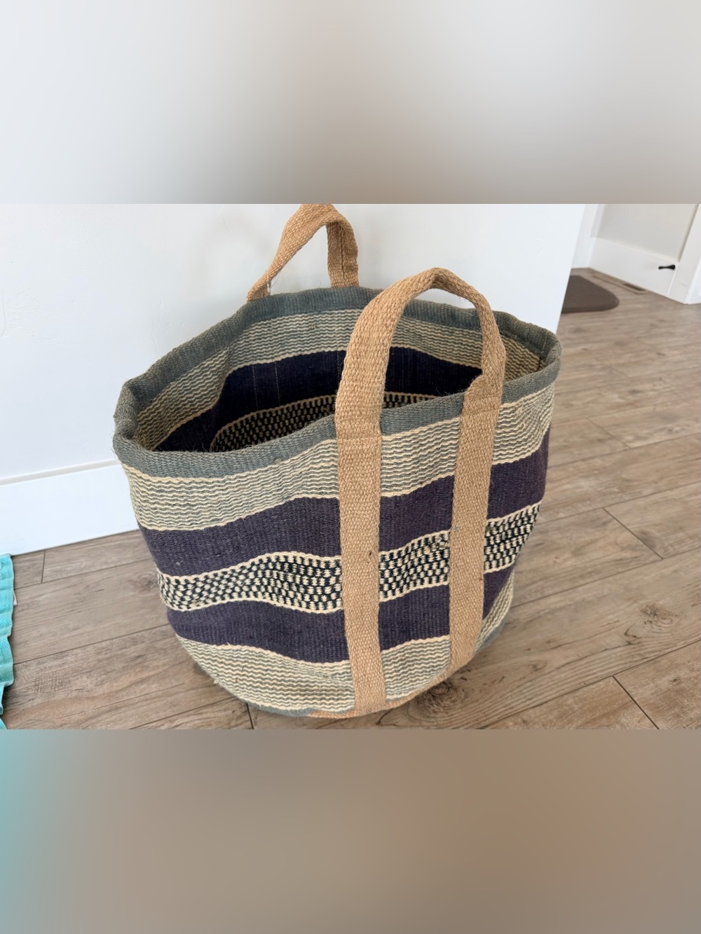Handwoven Striped Jute Market Tote Large Boho Woven Basket Bag, Navy & Grey